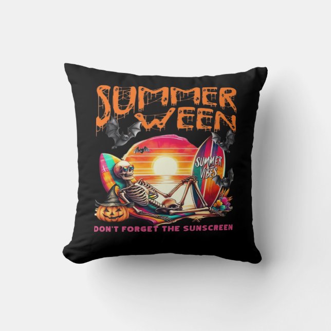 Funny Summerween Skeleton On Beach At Sunset Class Cushion (Front)