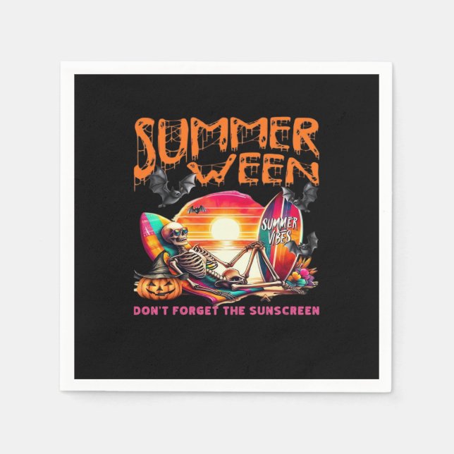 Funny Summerween Skeleton On Beach At Sunset Class Napkin (Front)