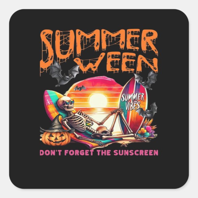 Funny Summerween Skeleton On Beach At Sunset Class Square Sticker (Front)