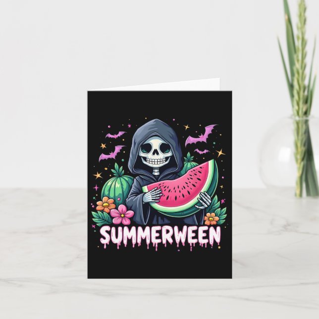 Funny Summerween Skeleton Watermelon Halloween Art Card (Front)