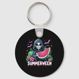 Funny Summerween Skeleton Watermelon Halloween Art Key Ring