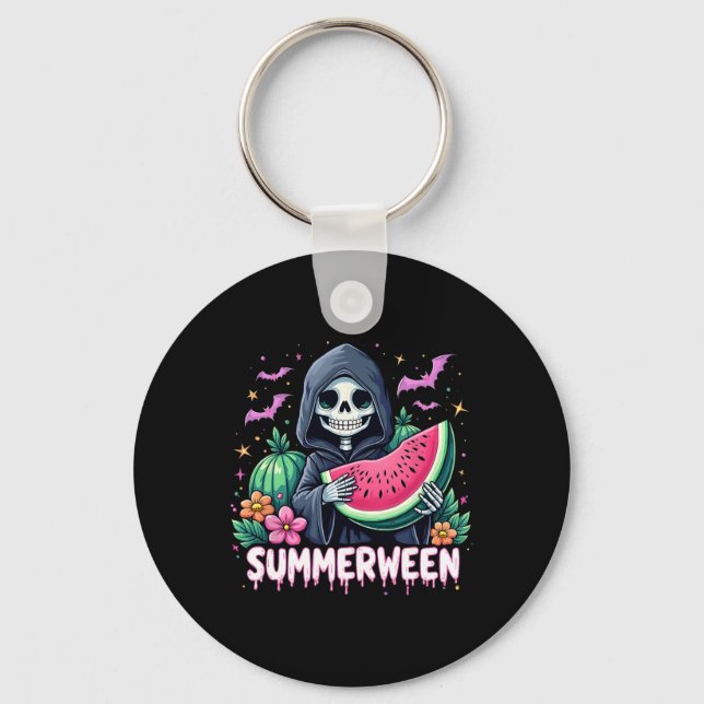 Funny Summerween Skeleton Watermelon Halloween Art Key Ring (Front)