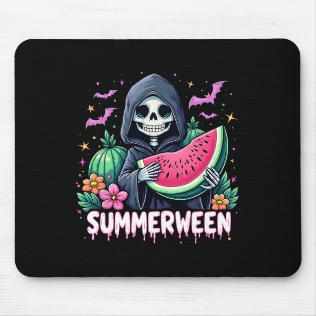 Funny Summerween Skeleton Watermelon Halloween Art Mouse Pad (Front)