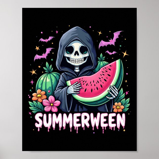 Funny Summerween Skeleton Watermelon Halloween Art Poster (Front)
