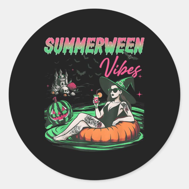 Funny Summerween Vibes Pumpkin Spooky Vacation Sum Classic Round Sticker (Front)