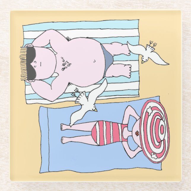 Funny Sunbathers at Beach Hand Drawn Art Glass Coaster (Front)