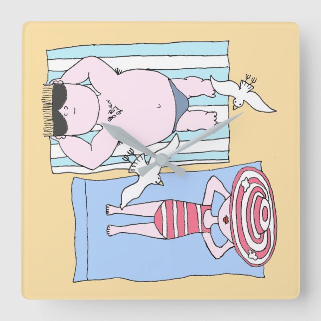 Funny Sunbathers at Beach Hand Drawn Art Square Wall Clock (Front)