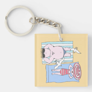Funny Sunbathing Couple Cartoon Seaside Art Key Ring
