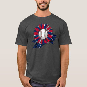Funny Sunflower & Baseball Ball American Flag 4th T-Shirt