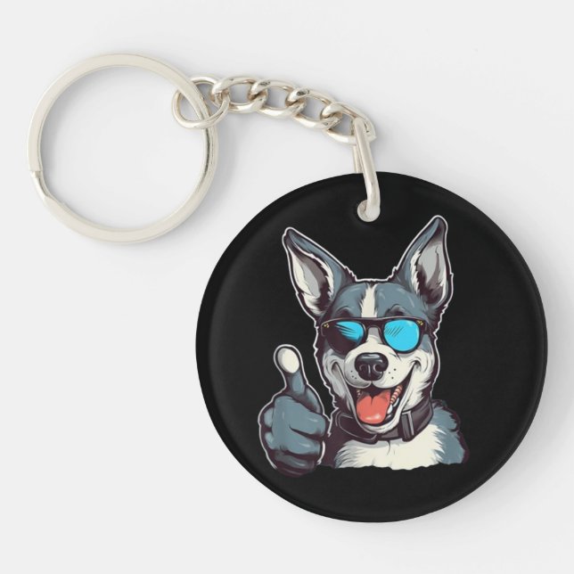 Funny sunglasses dog with thumbs up key ring (Front)
