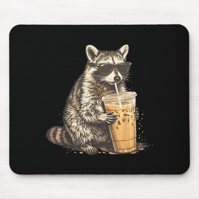 Funny Sunglasses Racoon Drinking Iced Coffee Mouse Pad (Front)