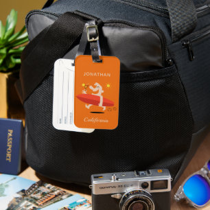 Funny Surfer custom name & location Luggage Tag