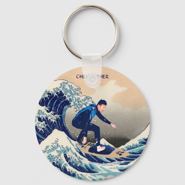 Funny Surfer Surfing On The Hokusai Great Wave Key Ring (Front)