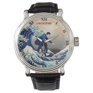 Funny Surfer Surfing On The Hokusai Great Wave Watch