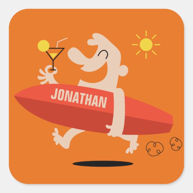 Funny Surfer with Cocktail custom name stickers (Front)