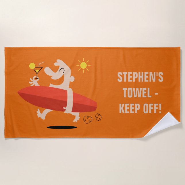 Funny Surfer with Cocktail custom text beach towel (Front)