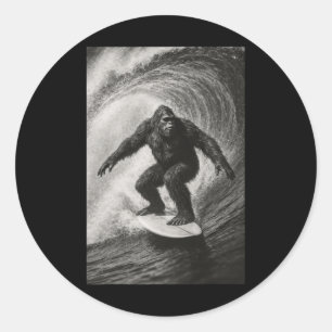 Funny Surfing Bigfoot Sea Selfie On Surfboard Beac Classic Round Sticker