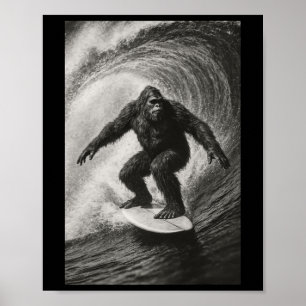 Funny Surfing Bigfoot Sea Selfie On Surfboard Beac Poster