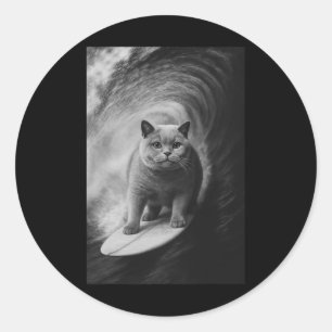 Funny Surfing British Shorthair Cat Selfie Beach A Classic Round Sticker