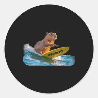 Funny Surfing Capyra Realistic Sunset Wave Japanes Classic Round Sticker
