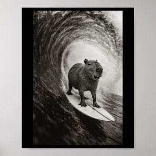 Funny Surfing Capyra Selfie On Surfboard Beach Ani Poster