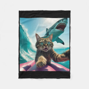 Funny Surfing Cat Selfie With Shark Meme _1 Fleece Blanket