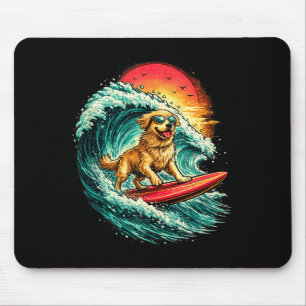 Funny surfing dog golden retriever beach waves mouse pad