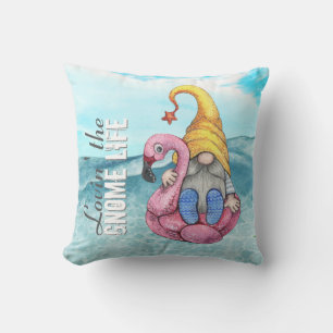 Funny Surfing Gnome Pink Flamingo Summer Beach Cushion