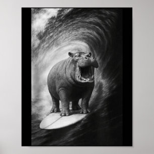 Funny surfing hippo hippopotamus selfie safari poster