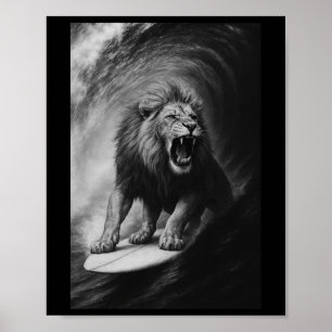 Funny Surfing Lion Selfie On Surfboard Safari Anim Poster