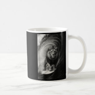 Funny surfing lion selfie on surfboard safari coffee mug