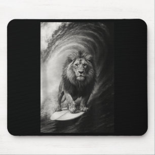 Funny surfing lion selfie on surfboard safari mouse pad