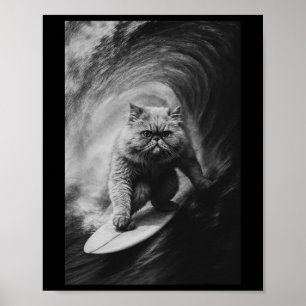 Funny Surfing Persian Cat Selfie On Surfboard Beac Poster