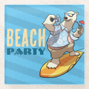 Funny Surfing Polar Bear Beach Party Cartoon Glass Coaster