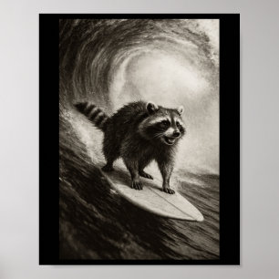 Funny Surfing Raccoon Selfie On Surfboard Beach An Poster