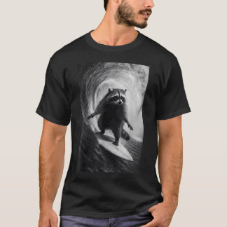 Funny Surfing Racoon Selfie On Surfboard Beach T-Shirt