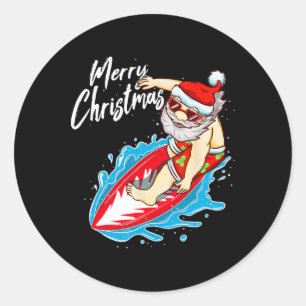 Funny Surfing Santa Claus Hawaiian Christmas Santa Classic Round Sticker