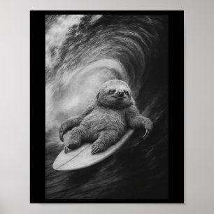 Funny Surfing Sloth Sea Selfie On Surfboard Beach Poster