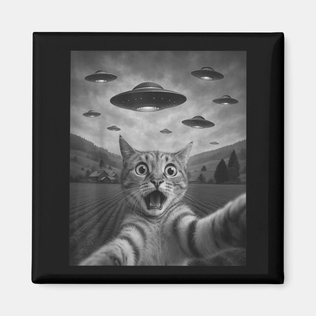 Funny Surprised Ed Cat Selfie With Alien Ufo Cat U Magnet (Front)