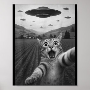 Funny Surprised Ed Cat Selfie With Alien Ufo Cat U Poster