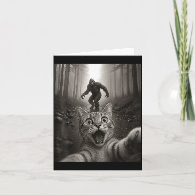 Funny Surprised Ed Cat Selfie With Bigfoot Sasquat Card (Front)