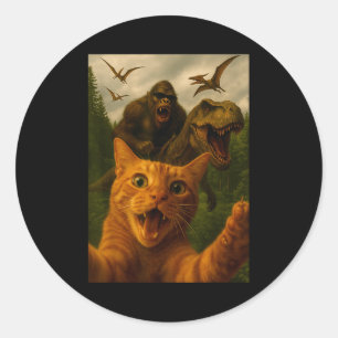 Funny Surprised Ed Cat Selfie With Bigfoot T-rex  Classic Round Sticker