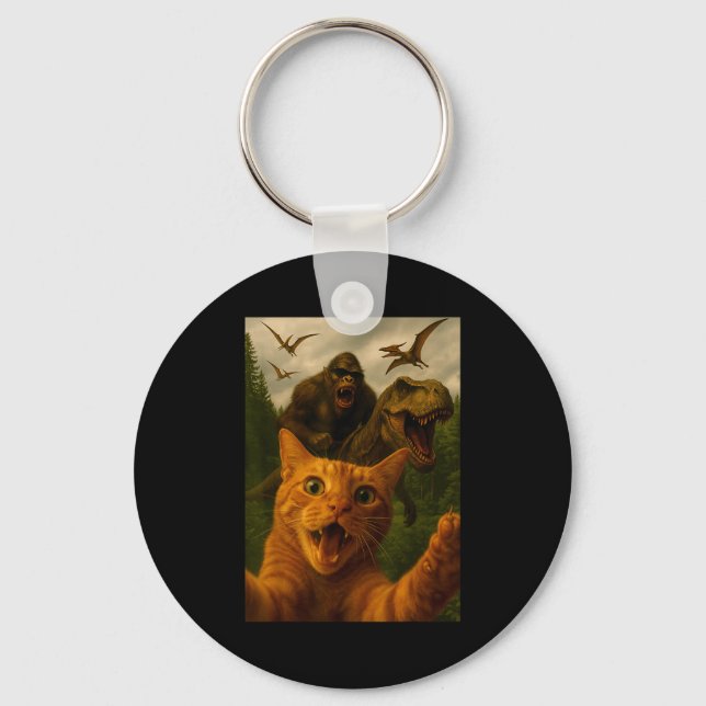 Funny Surprised Ed Cat Selfie With Bigfoot T-rex  Key Ring (Front)