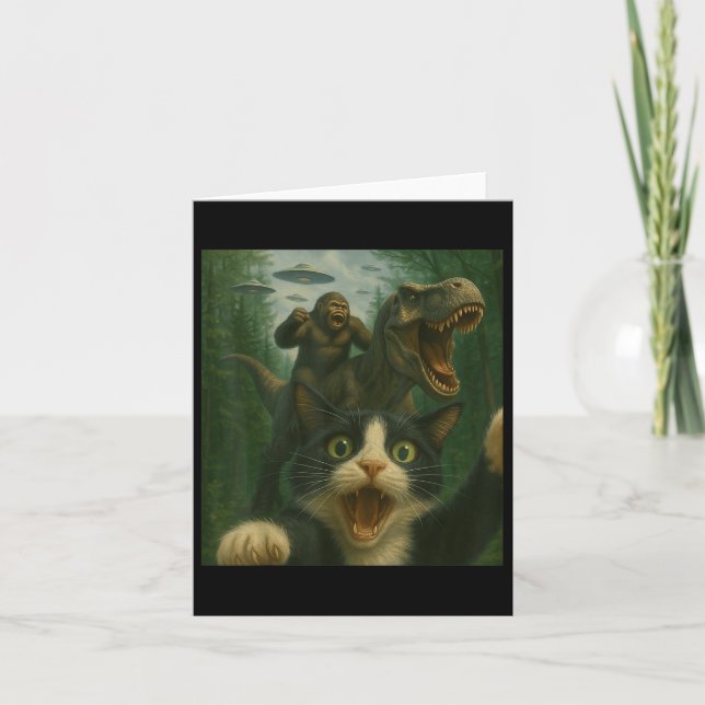 Funny Surprised Scared Cat Selfie T-rex Dinosaur B Card (Front)
