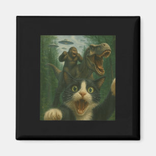 Funny Surprised Scared Cat Selfie T-rex Dinosaur B Magnet