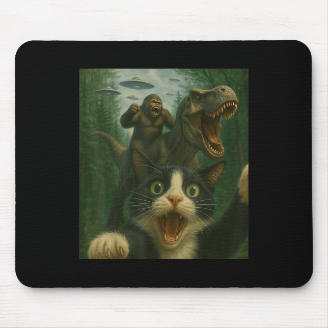 Funny Surprised Scared Cat Selfie T-rex Dinosaur B Mouse Pad (Front)