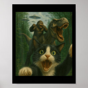 Funny Surprised Scared Cat Selfie T-rex Dinosaur B Poster