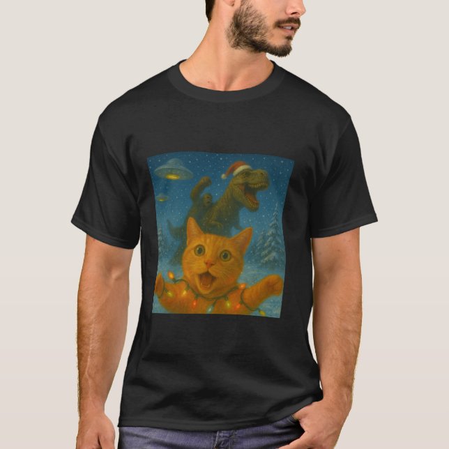 Funny Surprised Scared Cat Selfie T Rex Dinosaur B T-Shirt (Front)