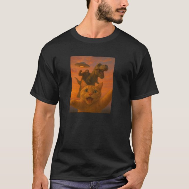 Funny Surprised Scared Cat Selfie T Rex Dinosaur B T-Shirt (Front)