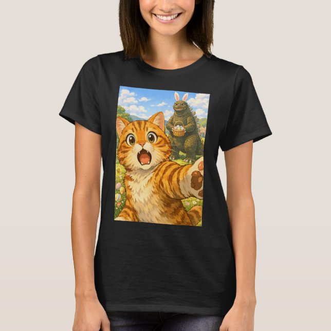 Funny Surprised Scared Cat Selfie with Easter T-Shirt (Front)